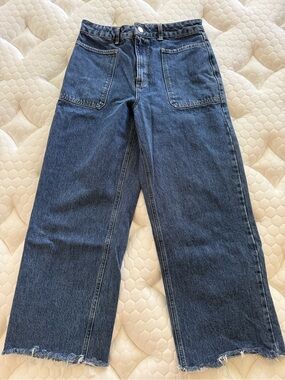 Wide Leg Dark Blue Denim Crop Jeans